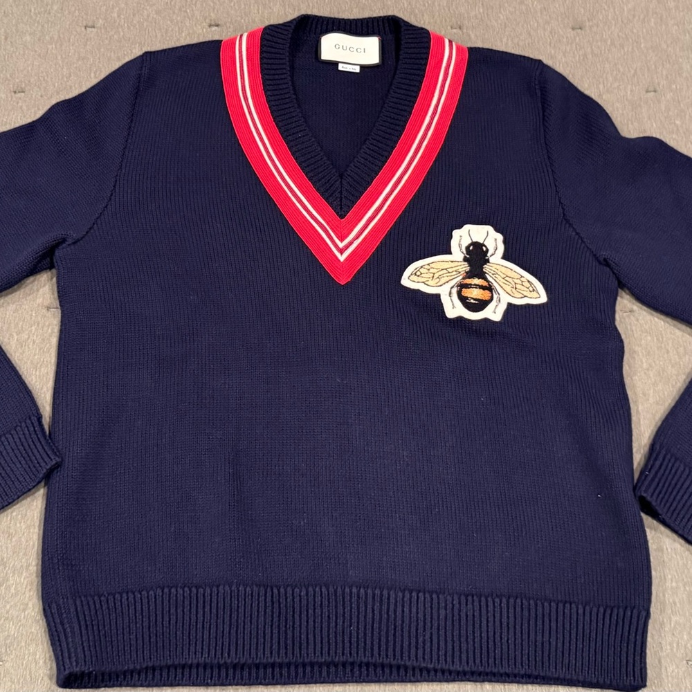 Gucci Men’s Navy V-Neck Sweater with Red Trim and Bee Patch